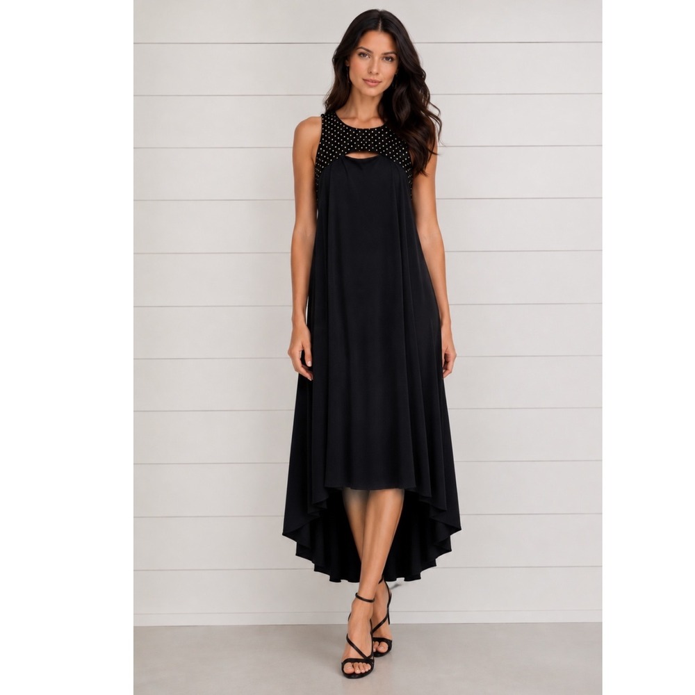 Joseph Ribkoff High-Low Dress Women 8 Studded Velvet Cutout Black‎ 340089